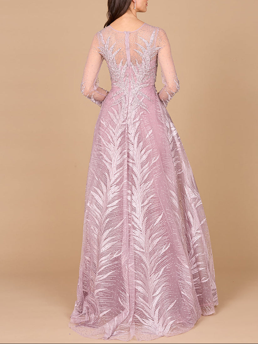 Lara 29761 - High Neck Sheer Long Sleeve Embellished Gown - JUSTLUXURY