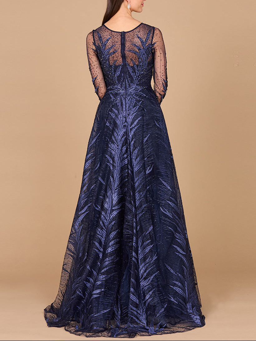 Lara 29761 - High Neck Sheer Long Sleeve Embellished Gown - JUSTLUXURY