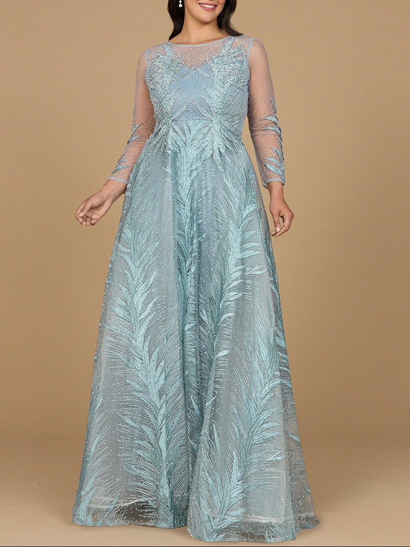 Lara 29761 - High Neck Sheer Long Sleeve Embellished Gown - JUSTLUXURY