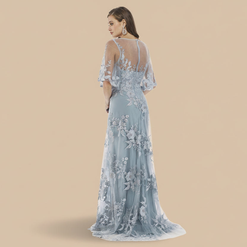 Cape Sleeves A-line Lace Gown - JUSTLUXURY