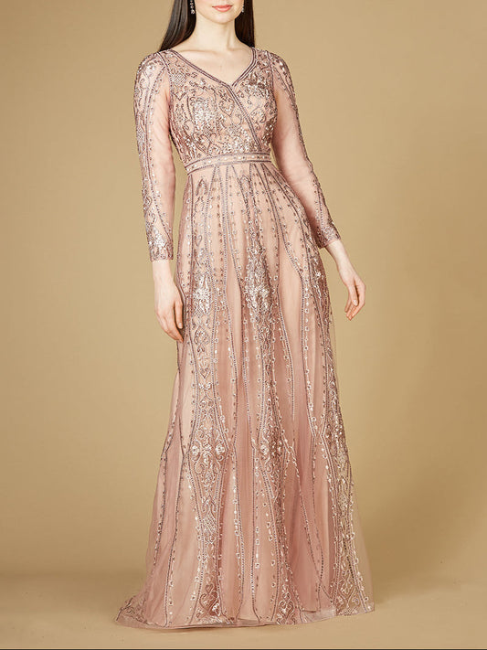 Lara 29788 - Long Illusion Sleeves, A-line Long Gown - JUSTLUXURY