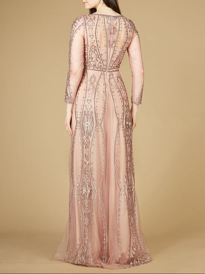 Lara 29788 - Long Illusion Sleeves, A-line Long Gown - JUSTLUXURY