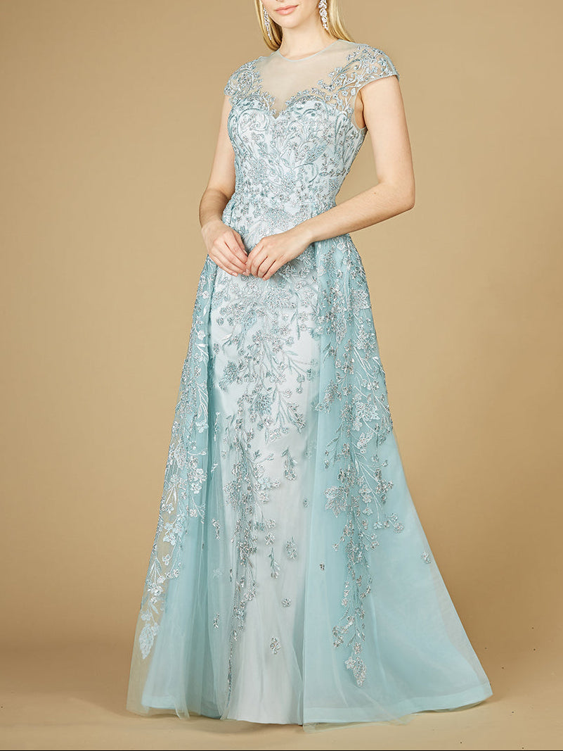 Lara 29798 - Floral Appliques high neck ball gown - JUSTLUXURY