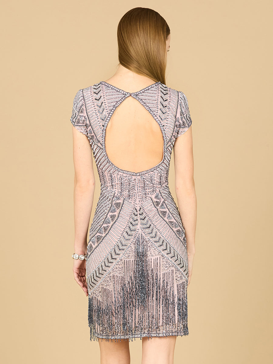 Lara Brooklyn Beaded Fitted Short Dress with Open Back - JUSTLUXURY