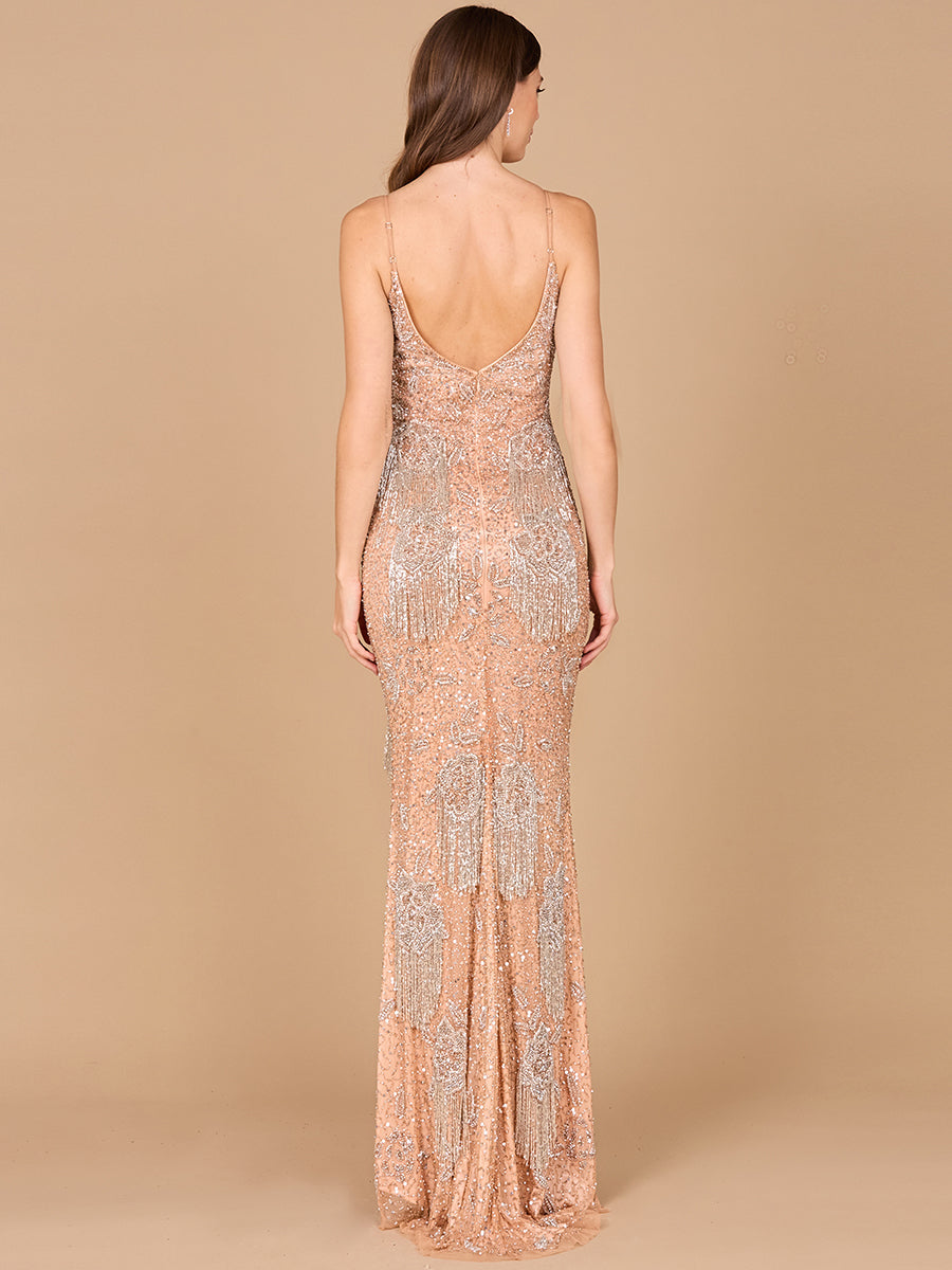 Lara Danika Floral Beaded Sheath Beaded Dress with Beaded Fringe - JUSTLUXURY