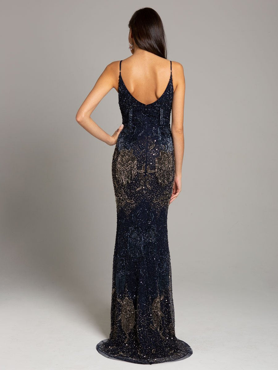 Lara Danika Floral Beaded Sheath Beaded Dress with Beaded Fringe - JUSTLUXURY