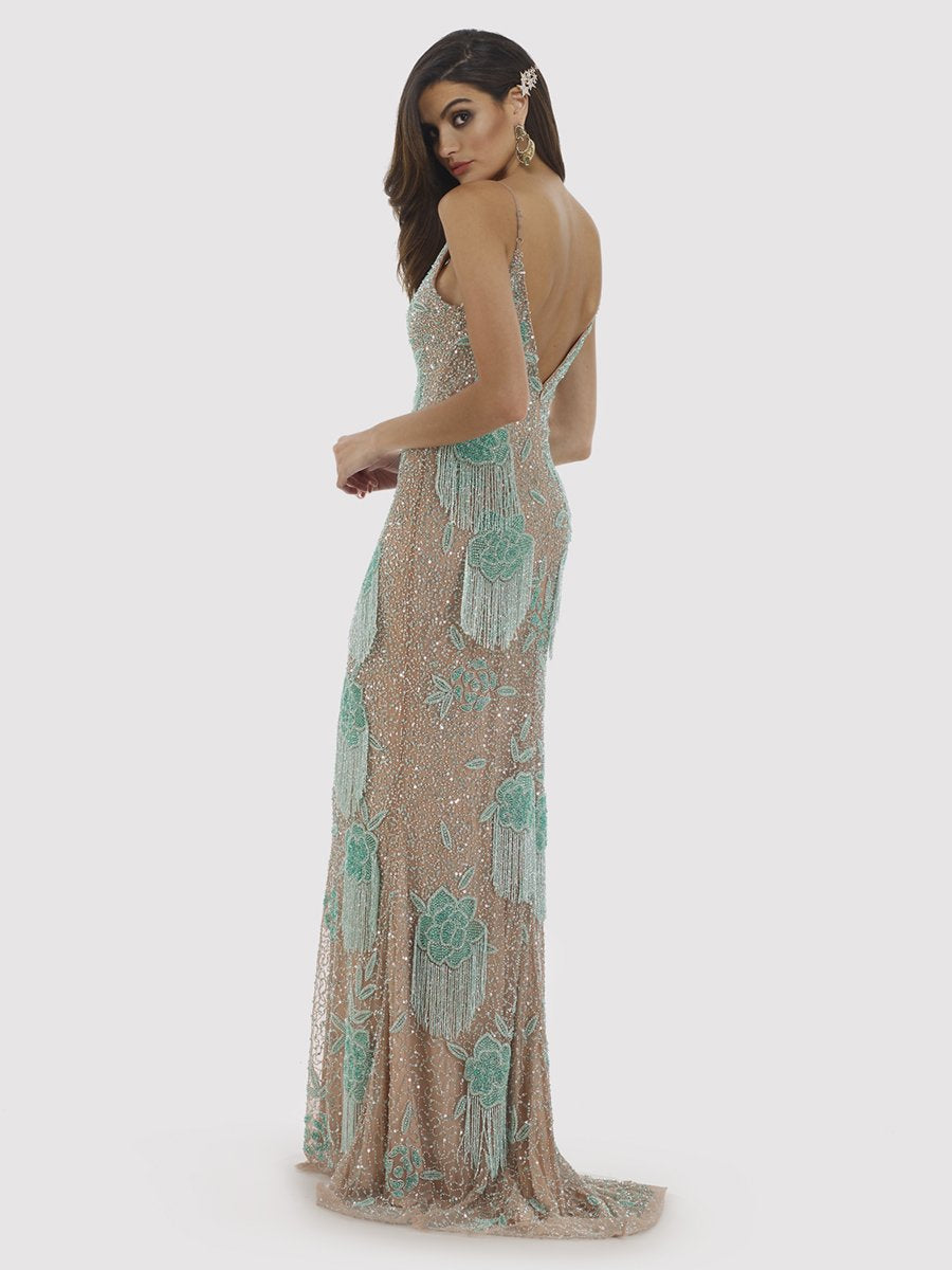 Lara Danika Floral Beaded Sheath Beaded Dress with Beaded Fringe - JUSTLUXURY