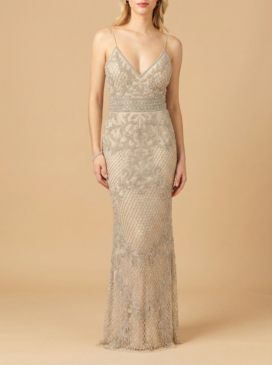 Body Con V-neck Beaded Dress | Lara 29904 - JUSTLUXURY