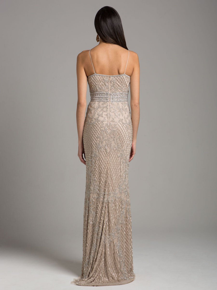 Body Con V-neck Beaded Dress | Lara 29904 - JUSTLUXURY