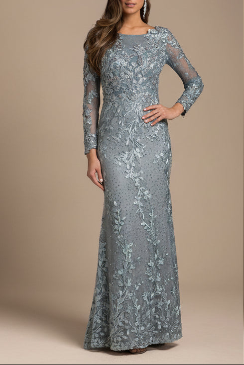 Lara 29924 - Long Sleeve Lace Dress With Lace Appliques - JUSTLUXURY