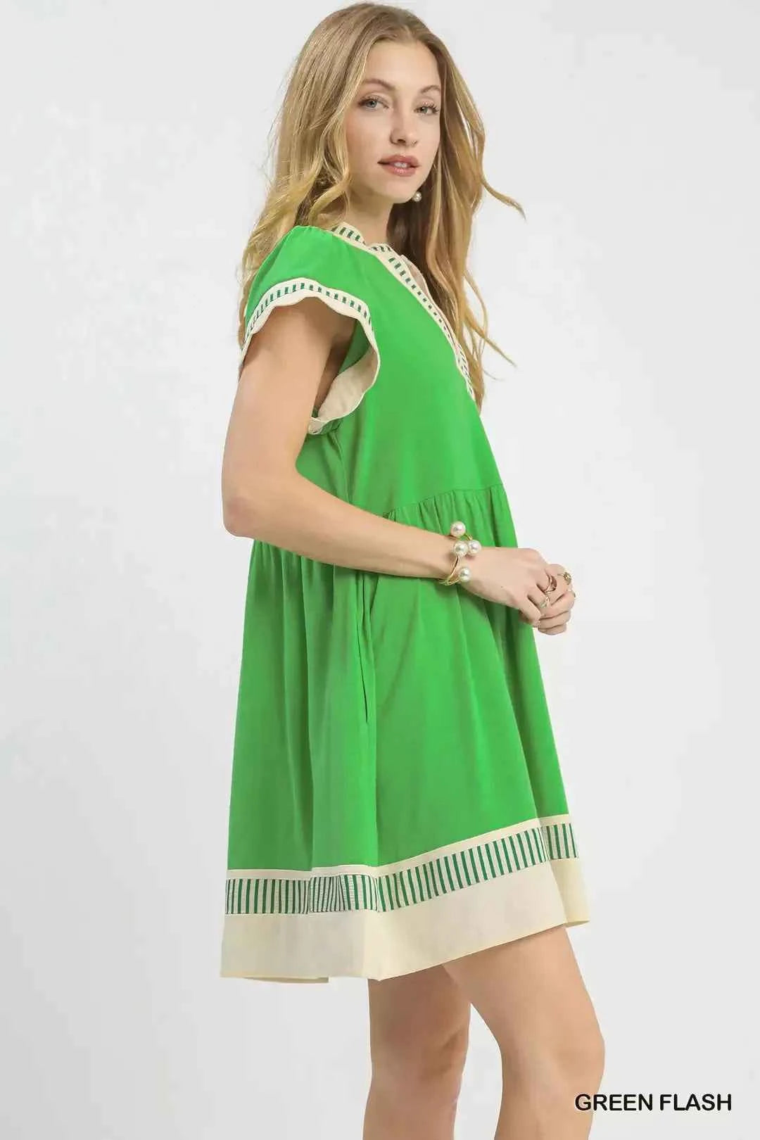 Umgee Linen Color Block Flutter Sleeve Dress