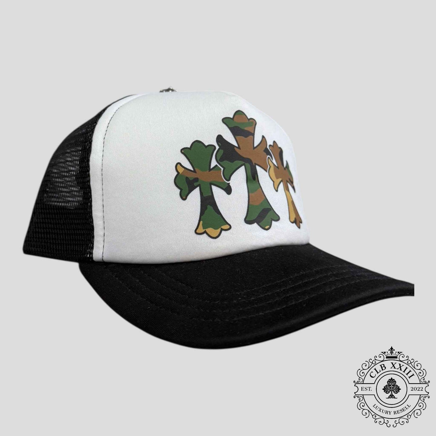 Chrome Hearts Triple Cross Trucker Hat in Black / Camo
