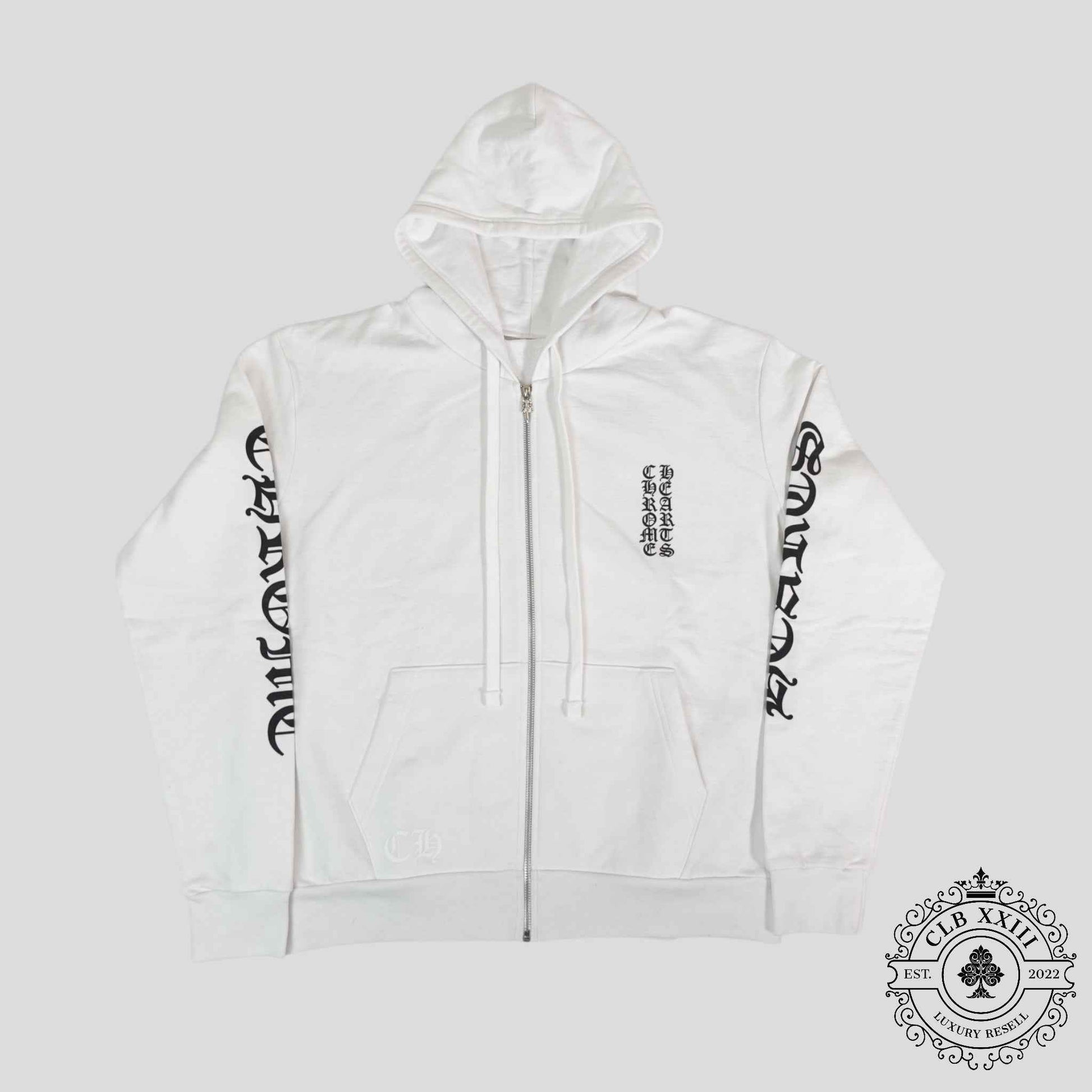 Chrome Hearts Vertical Logo Zip Up Hoodie in White