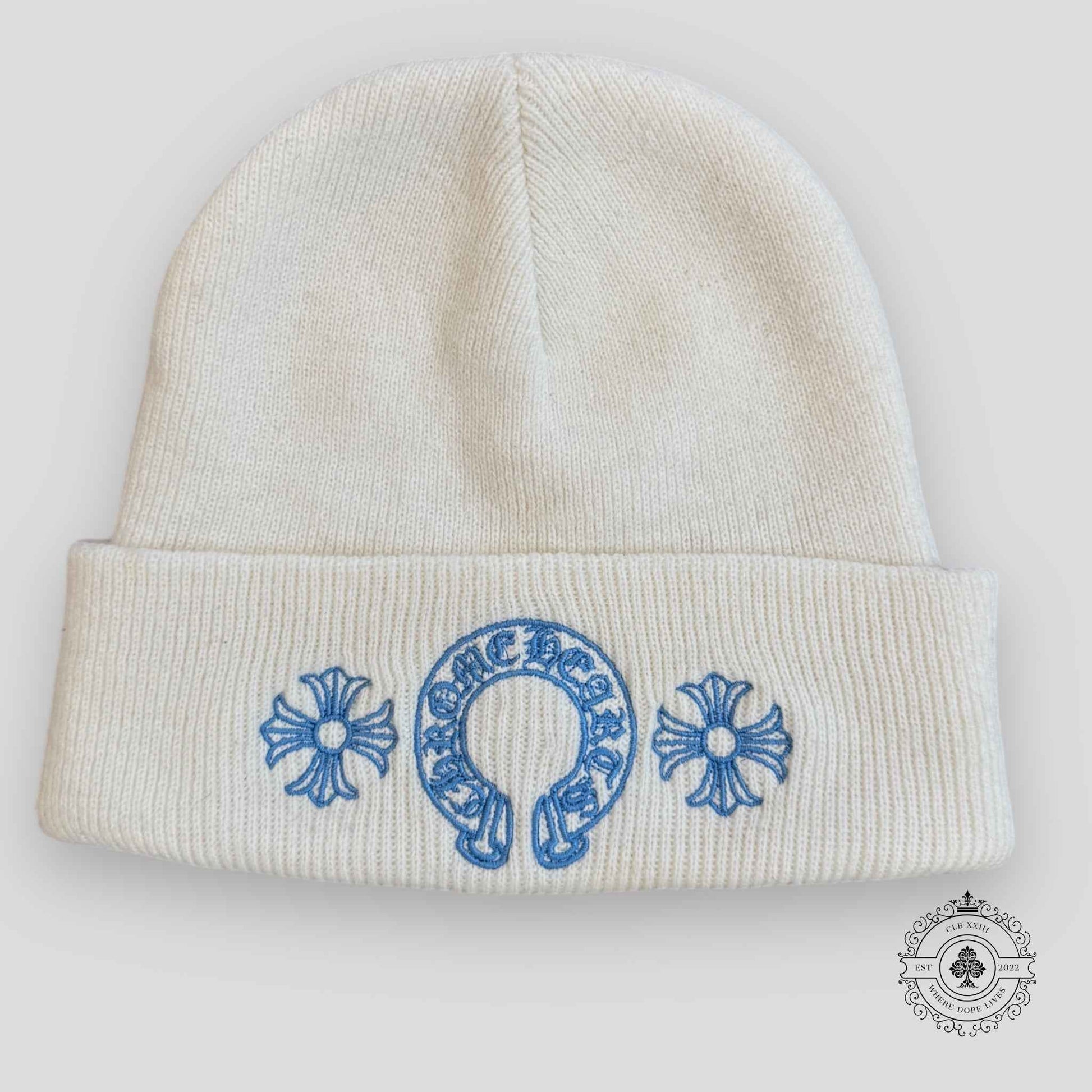 Chrome Hearts Horseshoe Logo Beanie in Cream/Carolina Blue