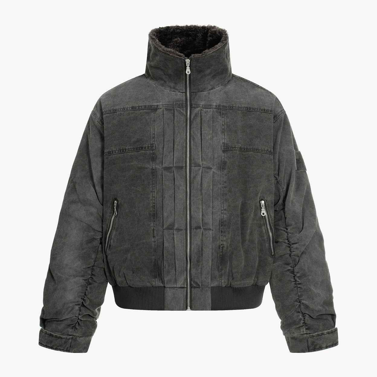 Vintage Distressed Pleated Shearling Collar Fleece Jacket