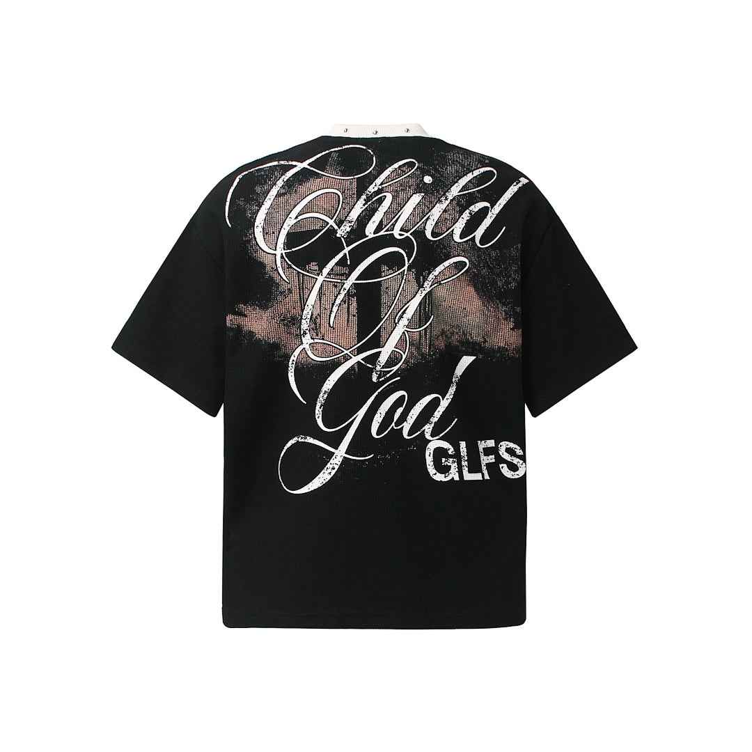 Gothic Cross Print Studded Collar Waffle Knit Graphic T-Shirt