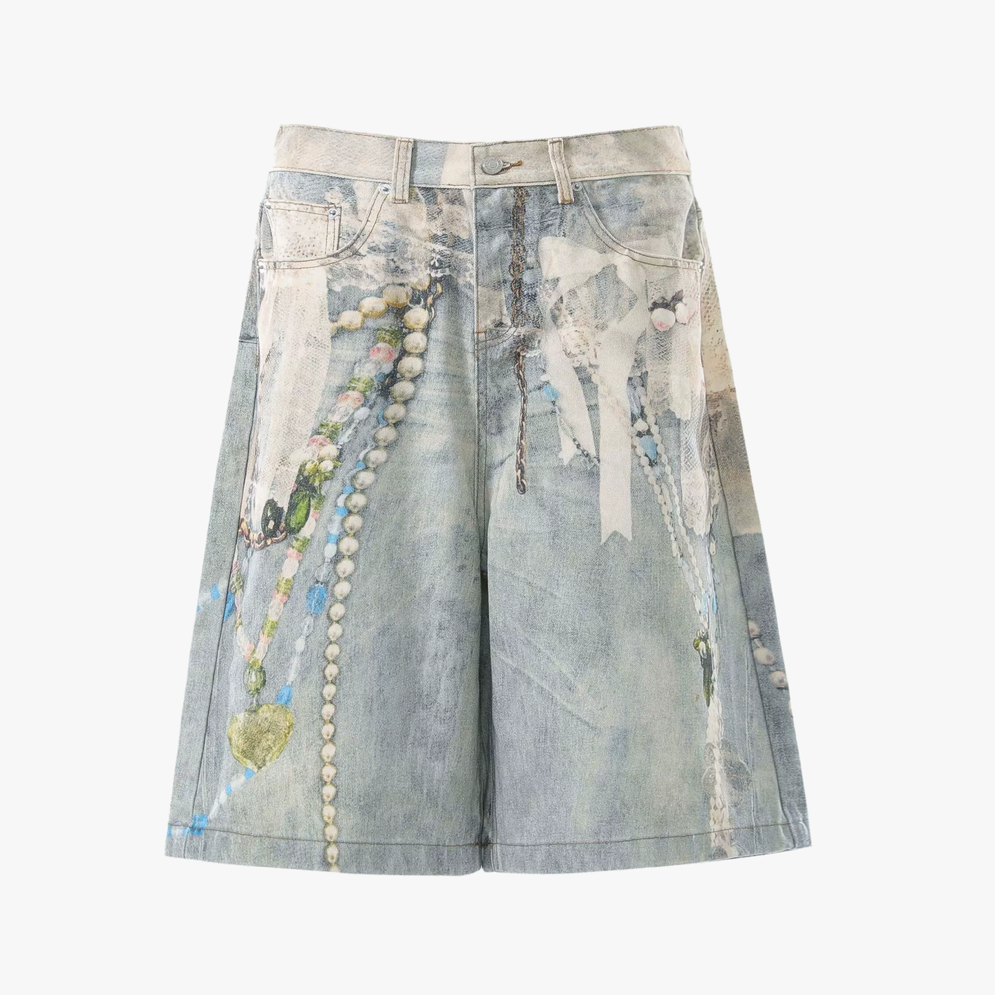 Jewelry Pearl Graphic Print 3D Effect Denim Shorts