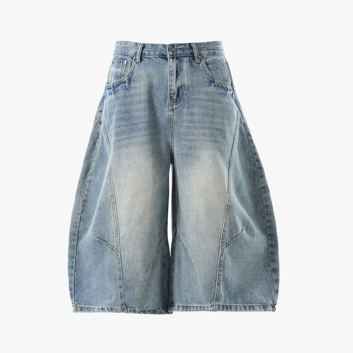 Curved Silhouette 3D Paneled Denim Shorts
