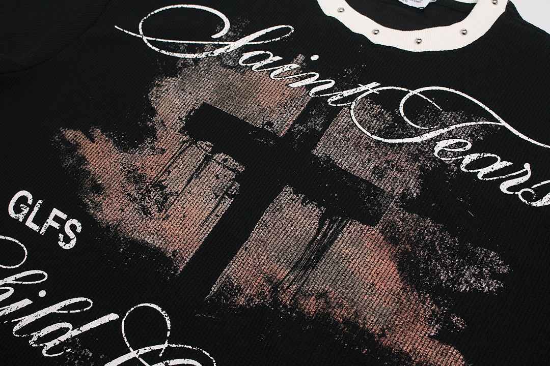 Gothic Cross Print Studded Collar Waffle Knit Graphic T-Shirt