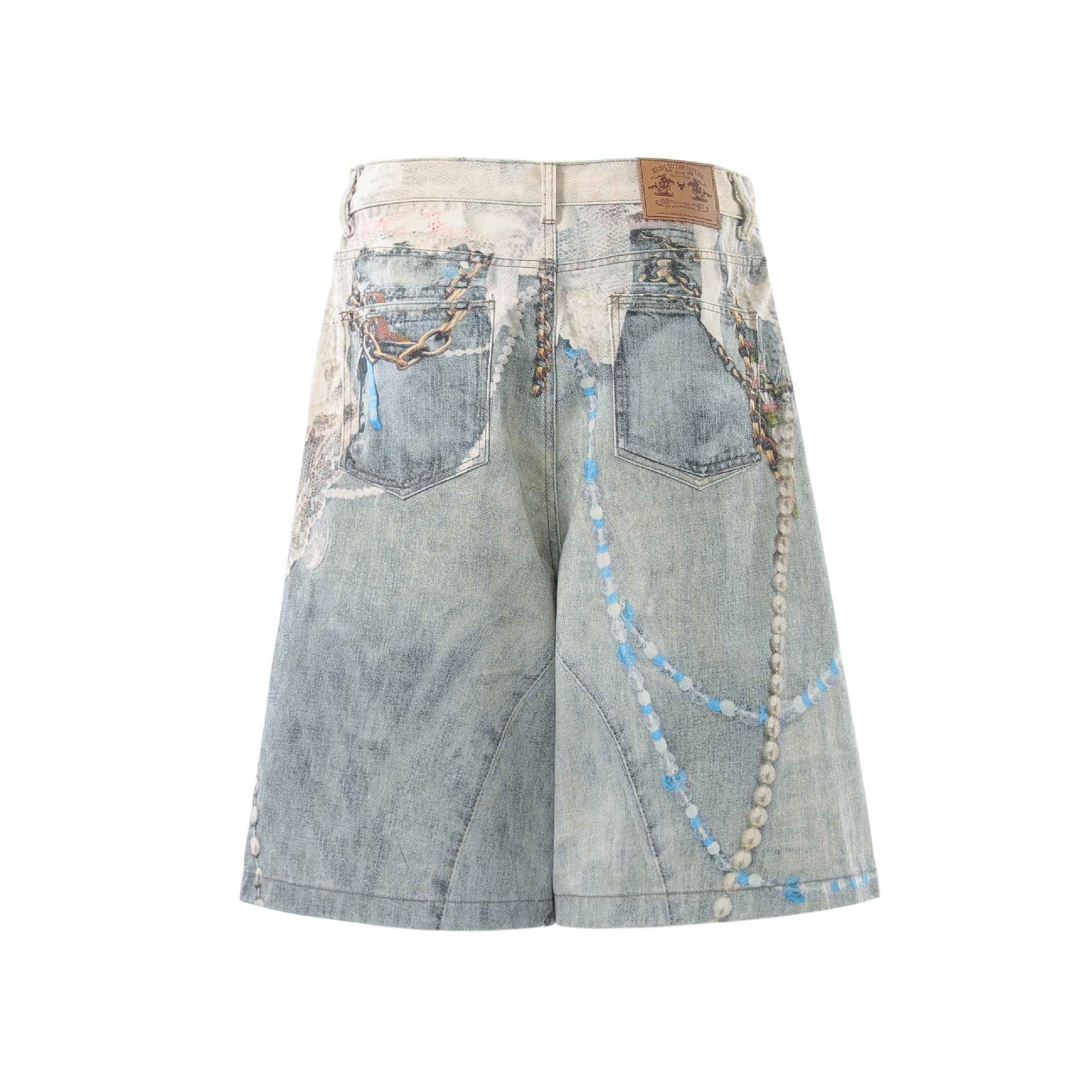 Jewelry Pearl Graphic Print 3D Effect Denim Shorts