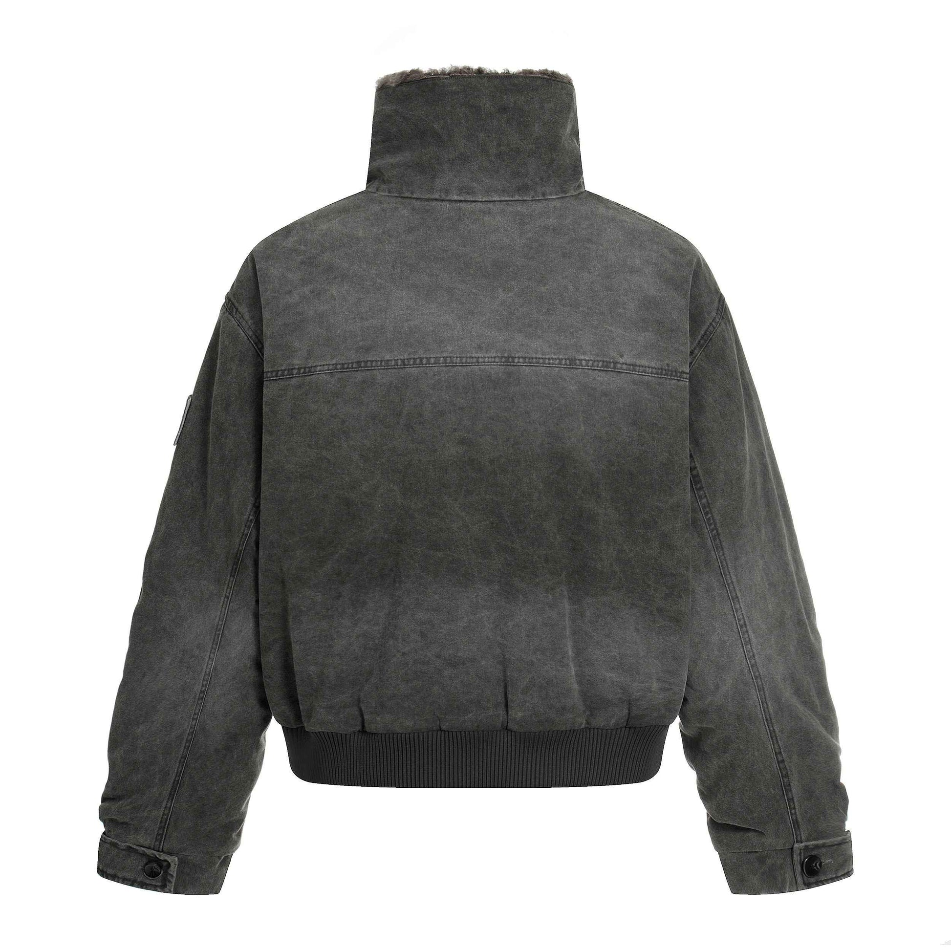 Vintage Distressed Pleated Shearling Collar Fleece Jacket