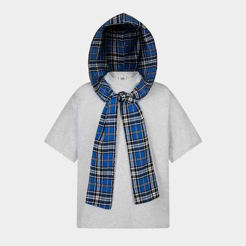 Detachable Badge | Hooded Plaid Cape T-shirt