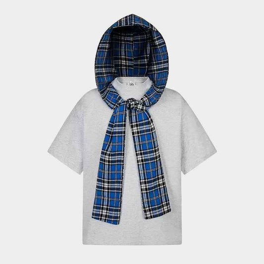 Detachable Badge | Hooded Plaid Cape T-shirt