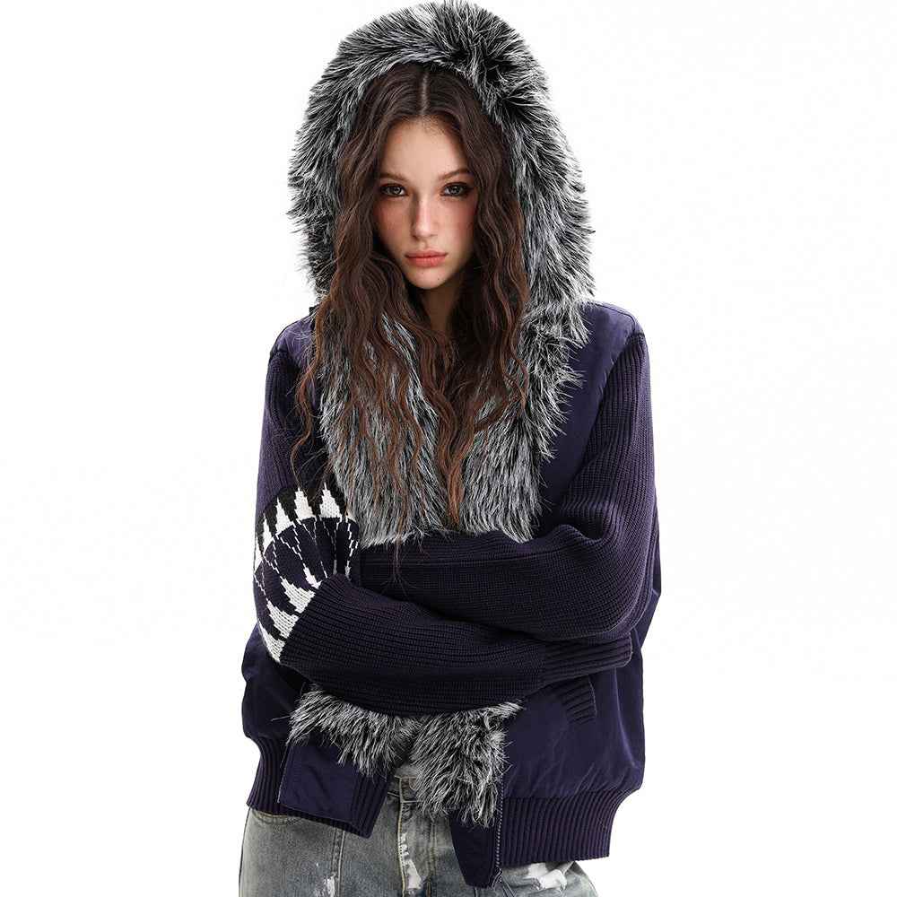 Knit Contrast | Fleece Hooded Jacket