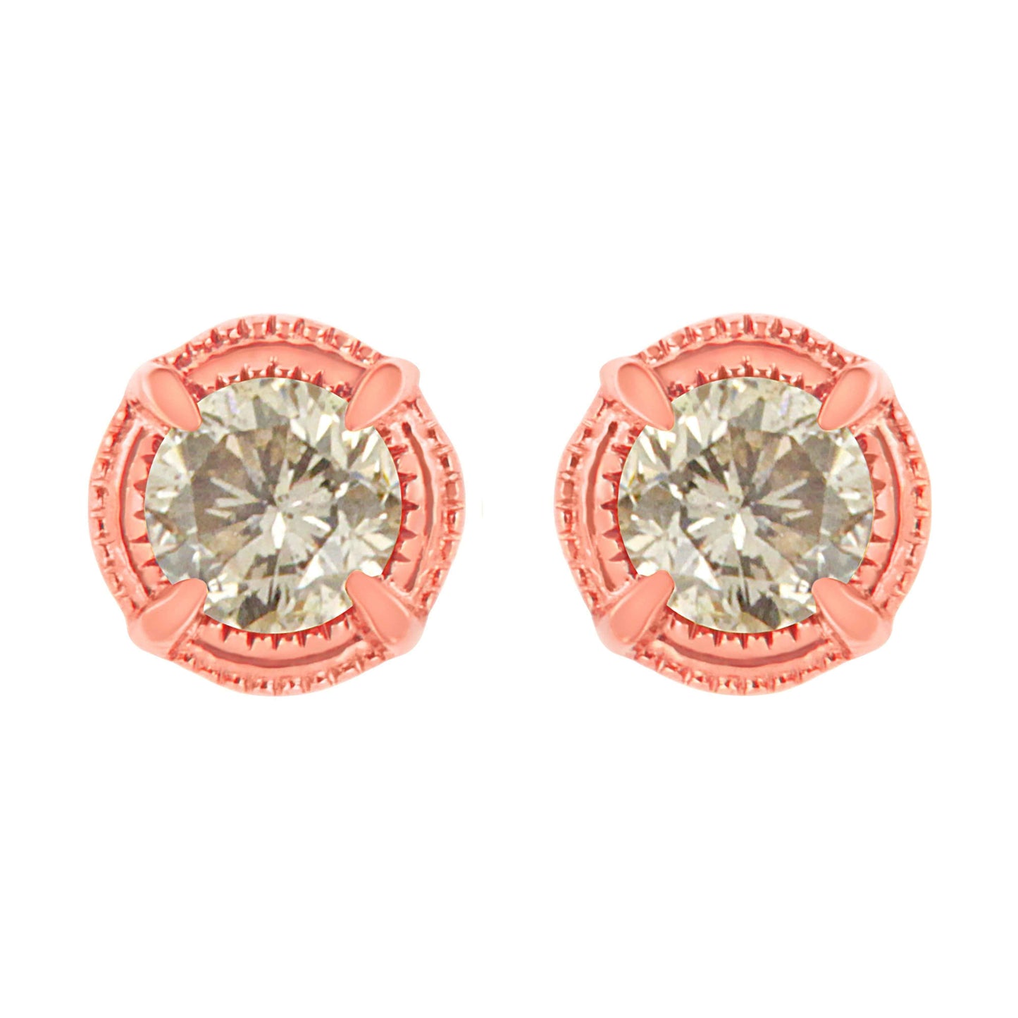 14K Yellow Gold Plated .925 Sterling Silver 1.0 Cttw Round Brilliant Cut Diamond Solitaire Milgrain Stud Earrings (K-L Color, I2-I3 Clarity)