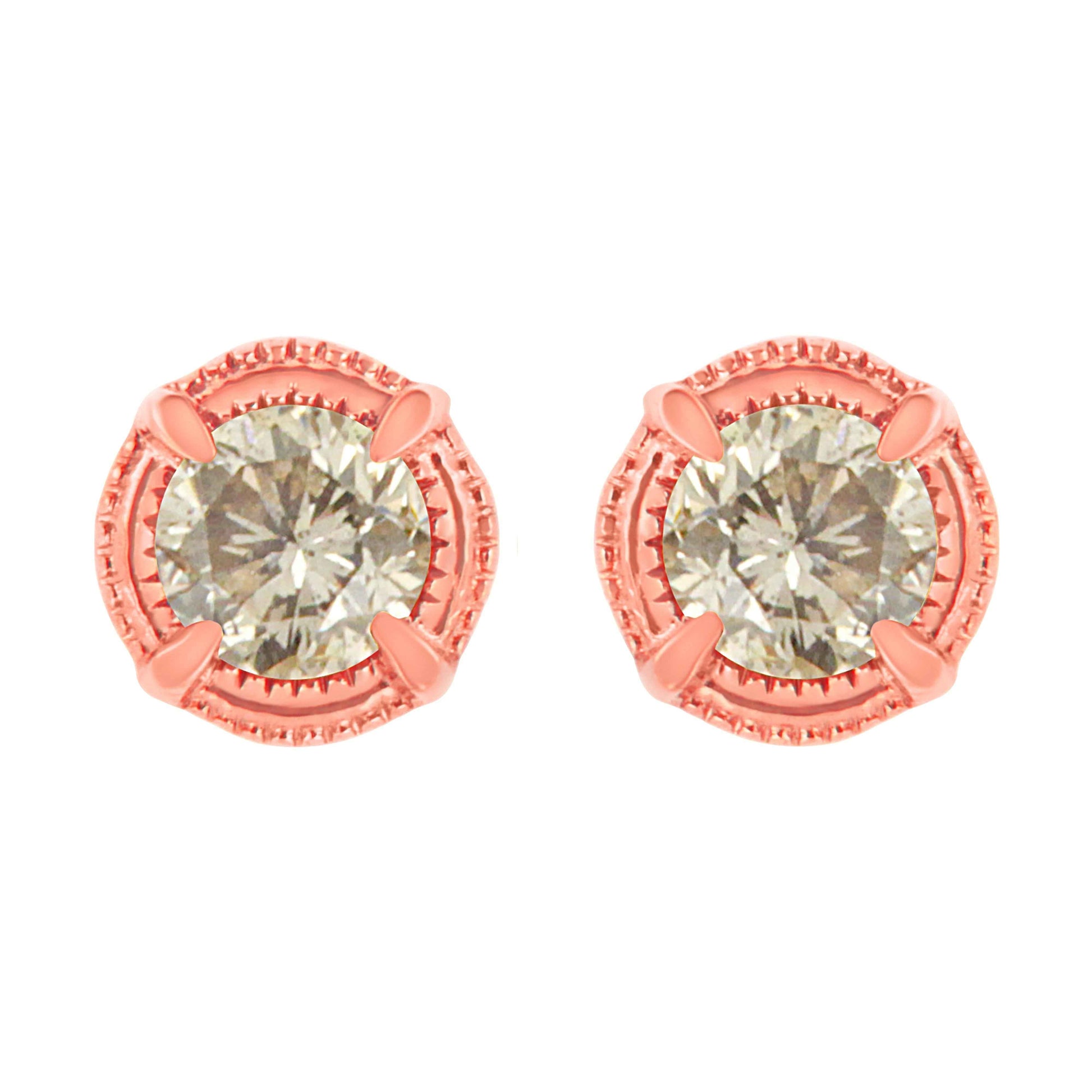 14K Yellow Gold Plated .925 Sterling Silver 1.0 Cttw Round Brilliant Cut Diamond Solitaire Milgrain Stud Earrings (K-L Color, I2-I3 Clarity)