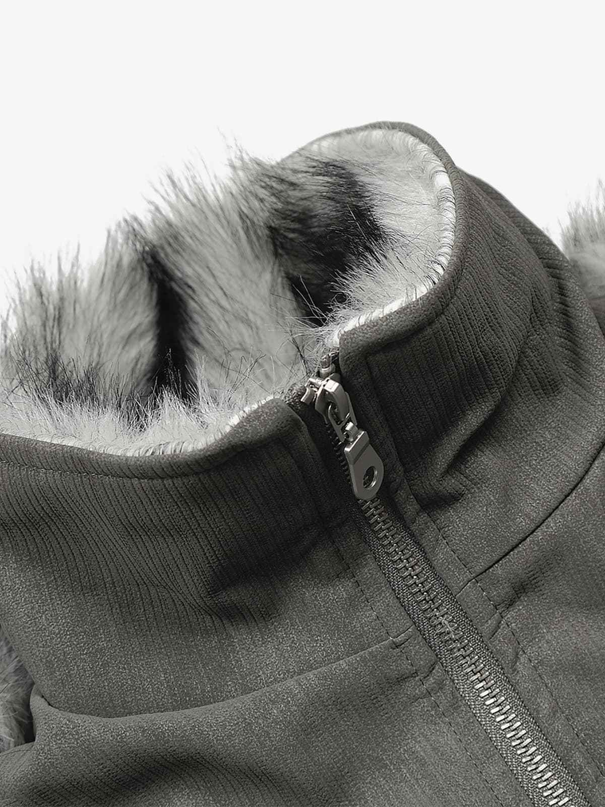 Vintage Dual-layer Collar Fleece-lined Zipper Jacket