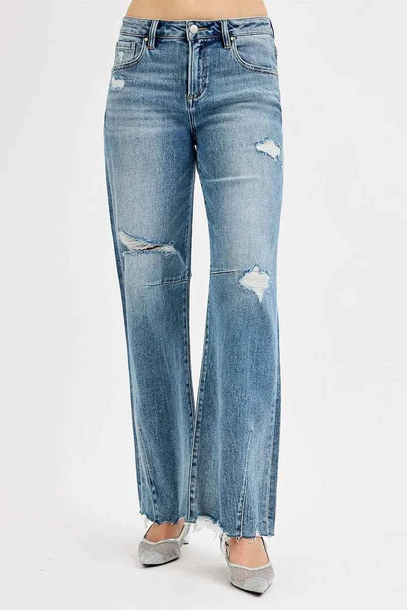 RISEN Full Size Mid Rise Fit Wide Baggy Leg Tie Washed Jeans Plus Size