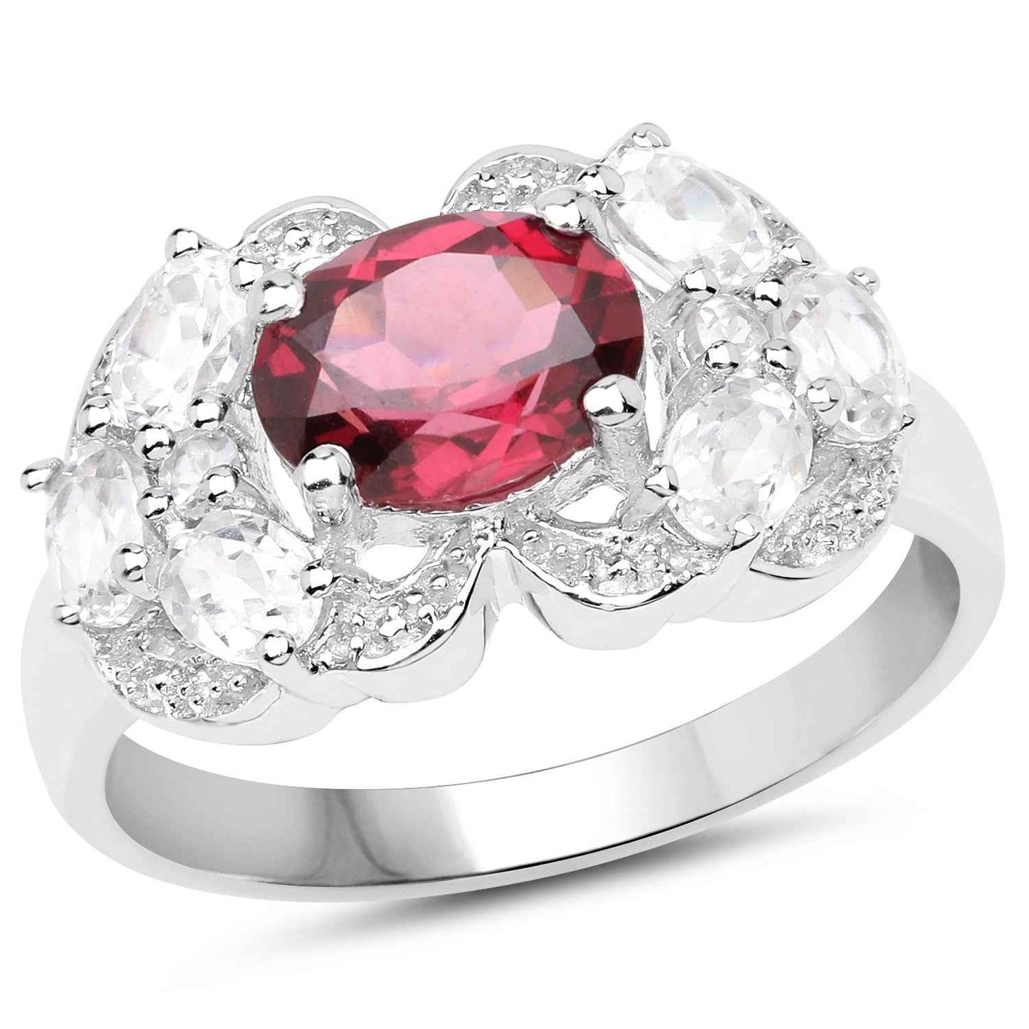 3.16 Carat Genuine Rhodolite and White Zircon .925 Sterling Silver Ring