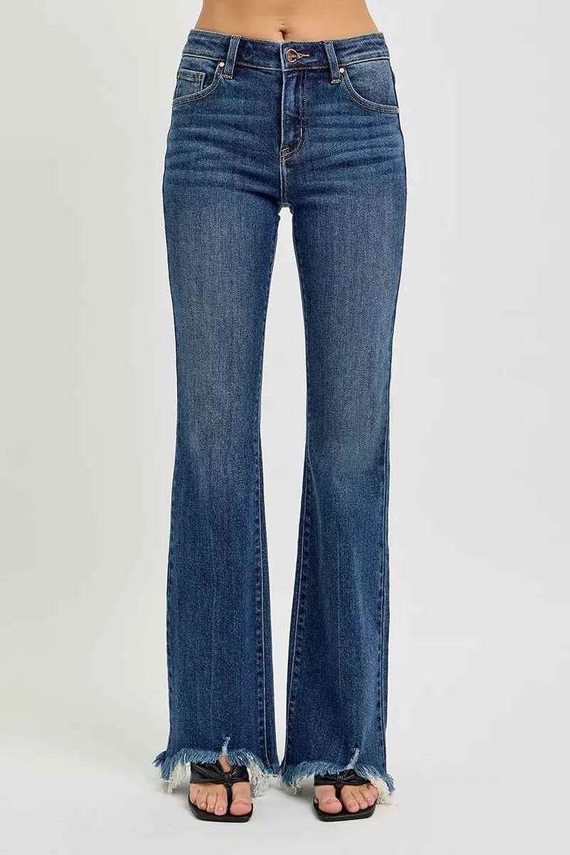 RISEN Full Size Mid Rise Flare Frayed Hem Jeans Plus Size