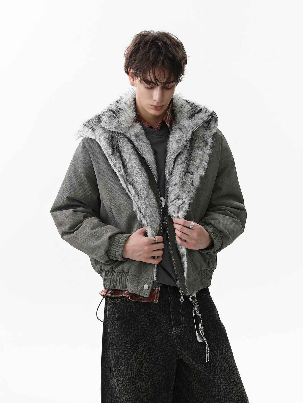 Vintage Dual-layer Collar Fleece-lined Zipper Jacket