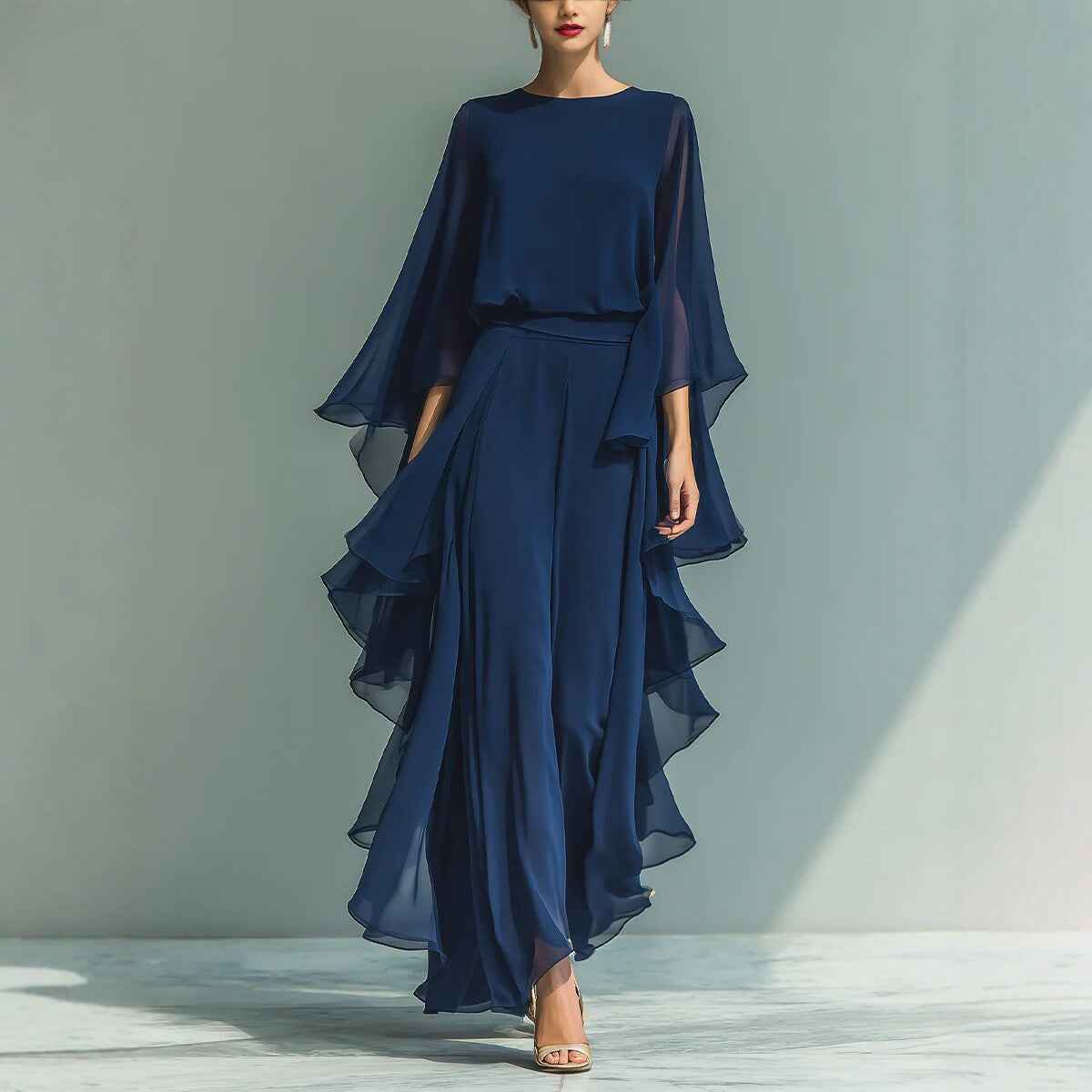 Deep Blue Ruffle Wide-Leg Pants Set for Women, Fashion Elegant Two-Piece Long Sleeve Casual Pants