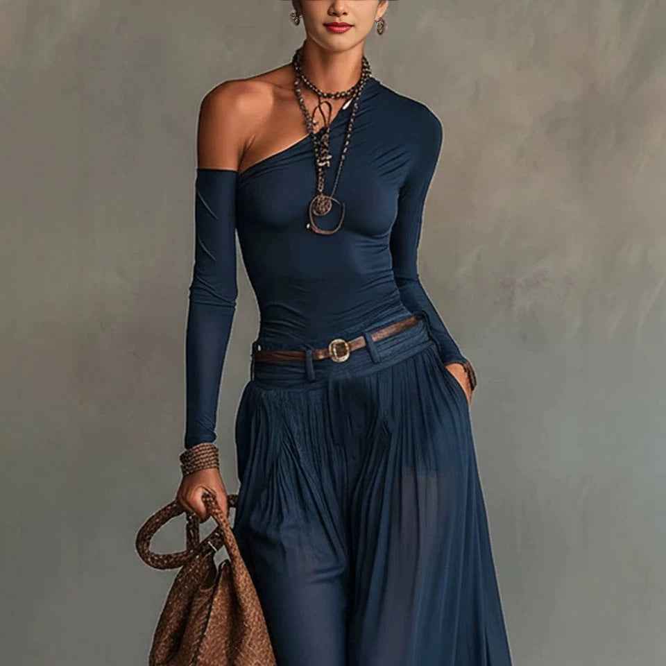 Fashionable Simple Solid Color Asymmetrical Shoulder Long Sleeve Casual Set with Belted Long Dress
