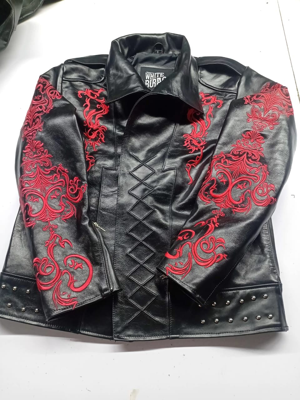 Men's Gothic Dragon Black Leather Jacket with Red Embroidery