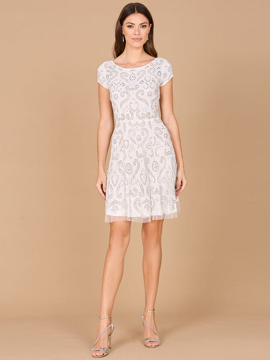 Lara Allison Short Sleeve Beaded Cocktail Dress in Ivory - JUSTLUXURY