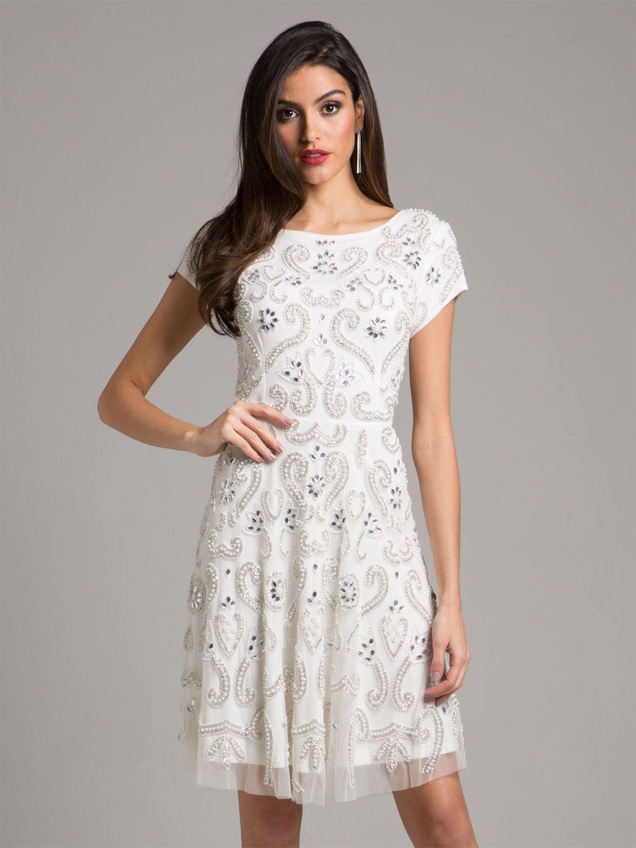 Lara Allison Short Sleeve Beaded Cocktail Dress in Ivory - JUSTLUXURY