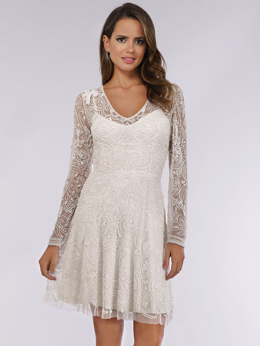Lara Eliza Beaded A-line Bell Sleeve Bridal Short Dress - JUSTLUXURY