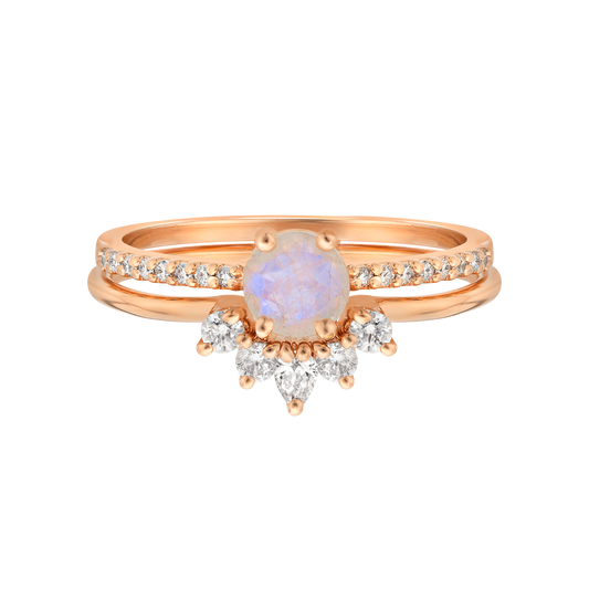 Rose Gold Rainbow Moonstone & Topaz Dancing Fairy Ring Set