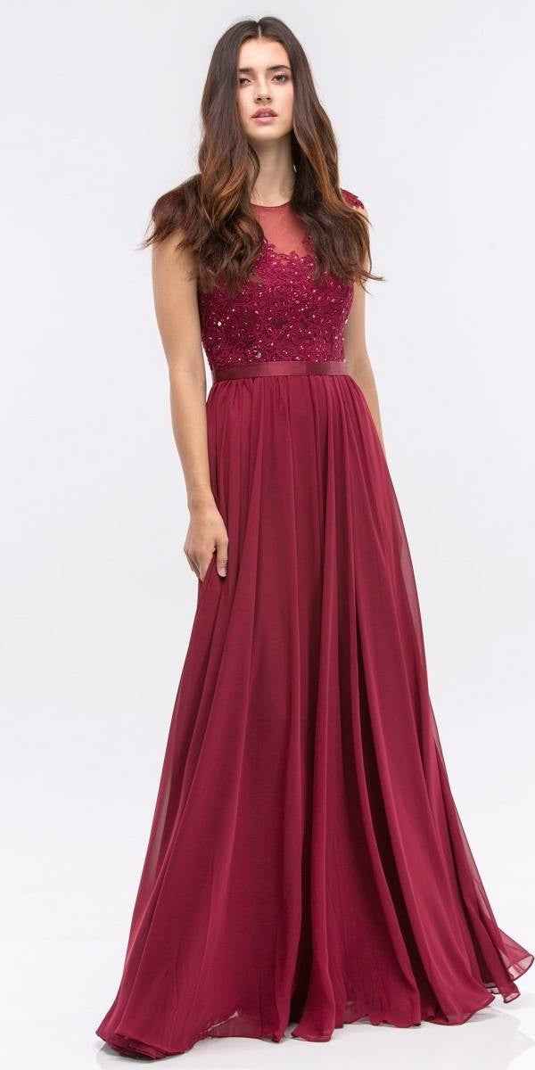 CLEARANCE - Eureka 3611 Lace Illusion Bodice Bateau Neck A-line Long Dress (Size L)