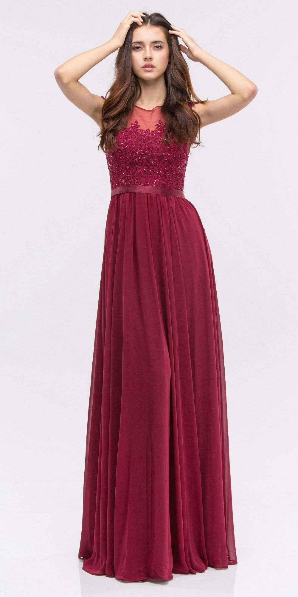 CLEARANCE - Eureka 3611 Lace Illusion Bodice Bateau Neck A-line Long Dress (Size L)