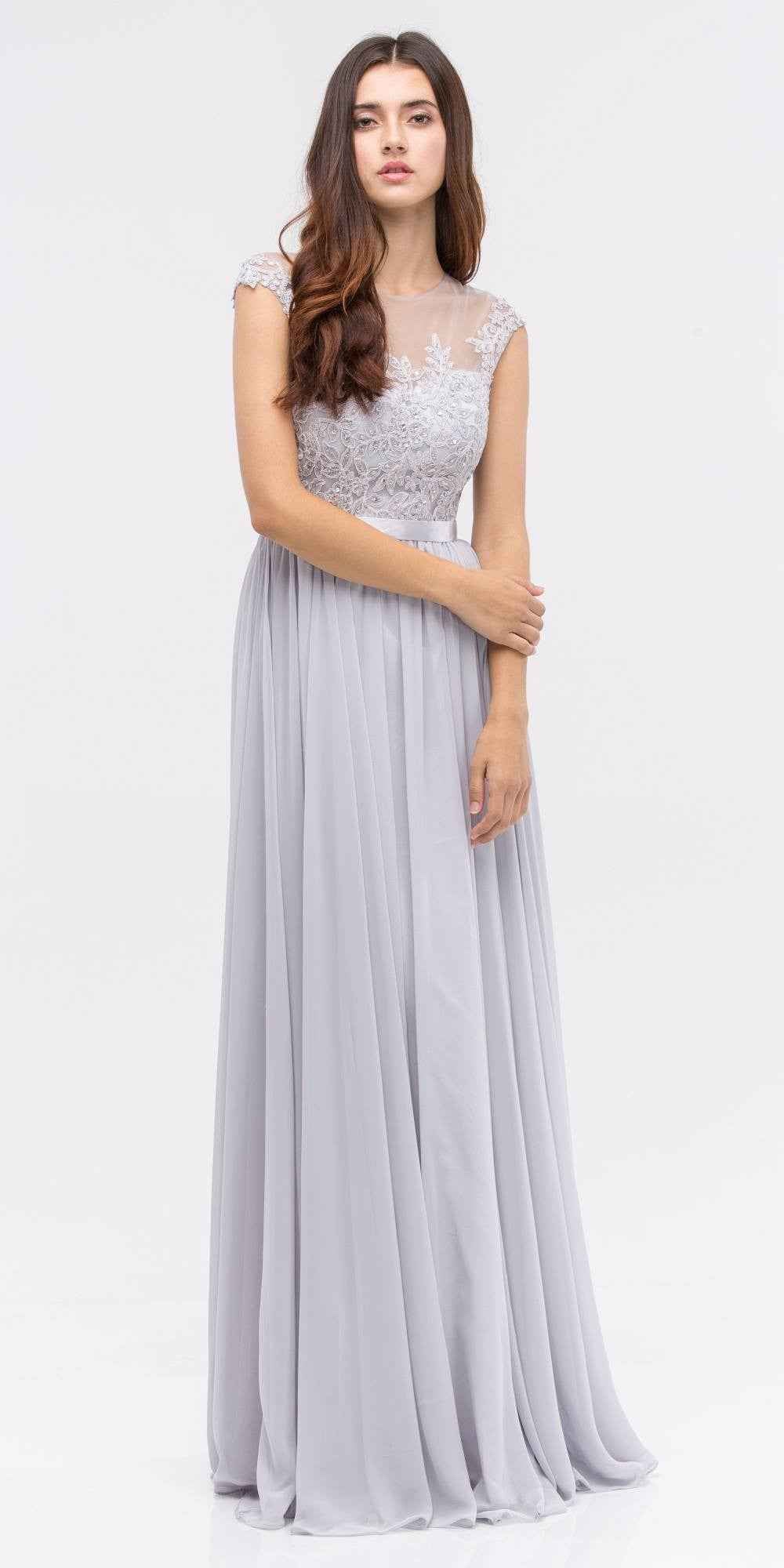 CLEARANCE - Eureka 3611 Lace Illusion Bodice Bateau Neck A-line Long Dress (Size L)