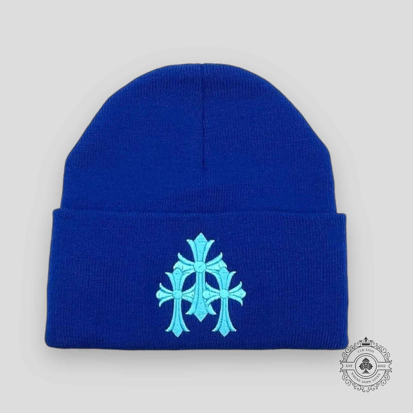 Chrome Hearts Triple Cross Embroidered Beanie in Blue