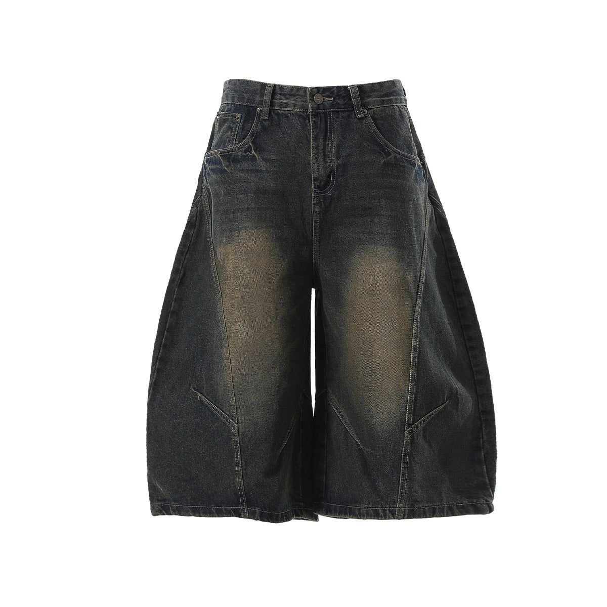 Curved Silhouette 3D Paneled Denim Shorts