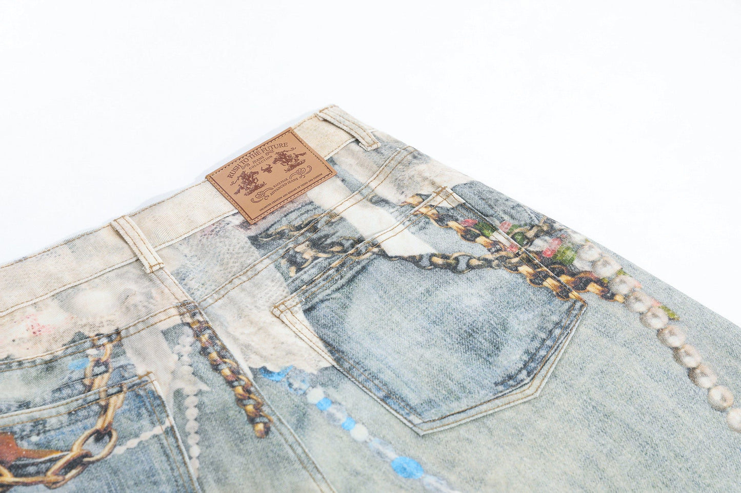 Jewelry Pearl Graphic Print 3D Effect Denim Shorts