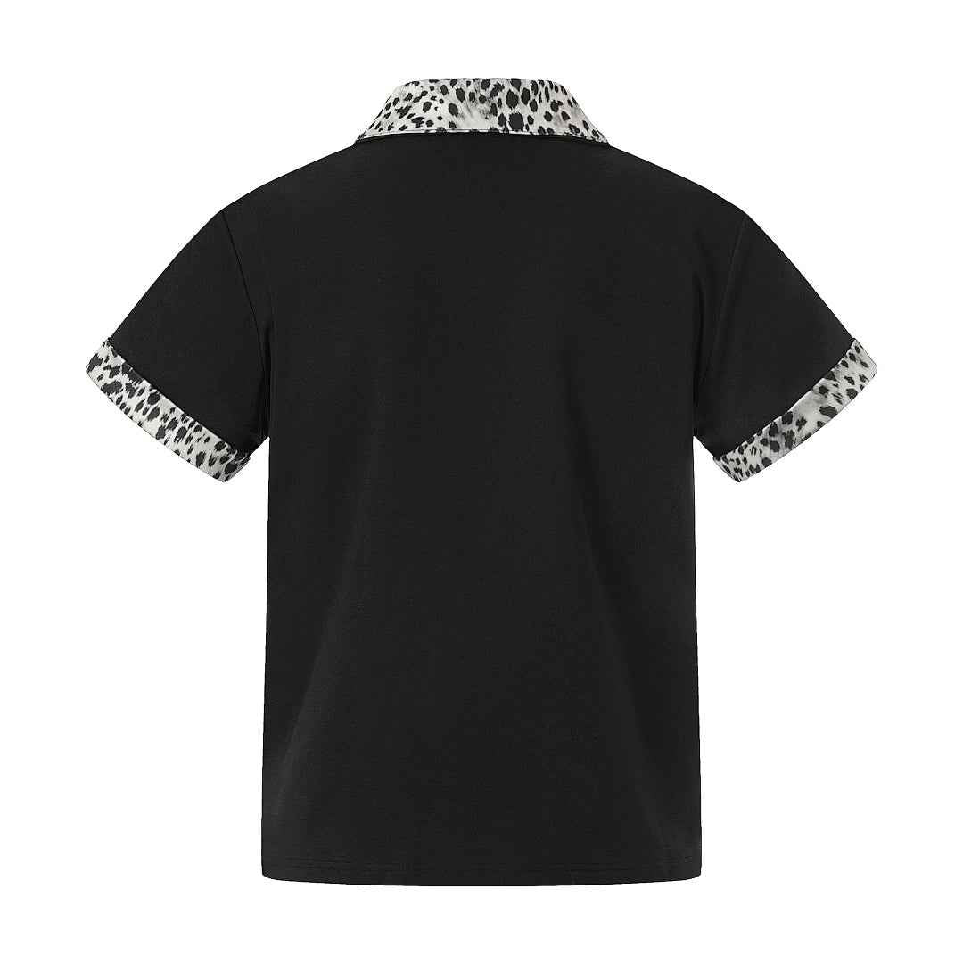Leopard Trim Half Zip Polo T-Shirt