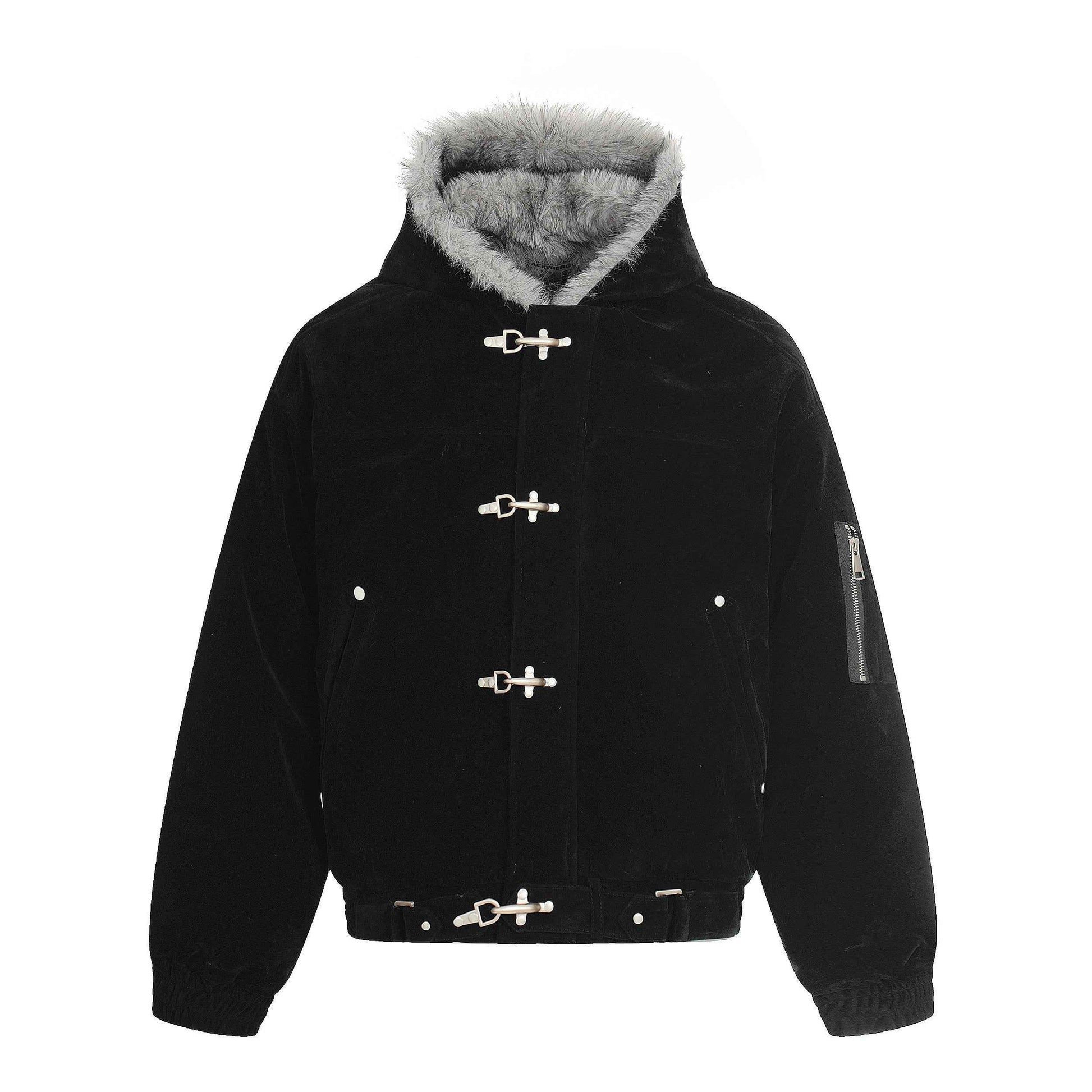 Streetwear Metal Clip Faux Fur Hooded Suede Bomber Jacket